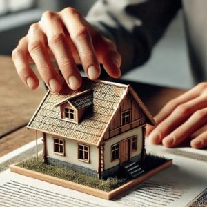 uma pessoa mexendo em uma miniatura de casa em cima de uma certidão