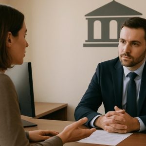 uma mulher conversando com um funcionário da prefeitura