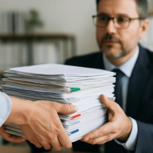 uma pessoa entregando uma pilha de documentos a um contador em um escritório