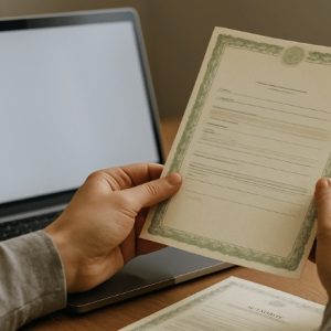 Pessoa sentada à mesa com um notebook, segurando uma certidão em mãos, em ambiente interno com iluminação suave e clima de concentração.