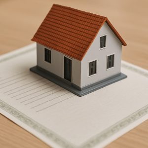 Maquete de casa sobre uma certidão em uma mesa