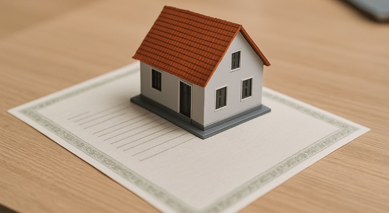 Maquete de casa sobre uma certidão em uma mesa