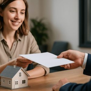 Uma mulher sorri enquanto recebe um documento de um homem, com uma maquete de um imóvel sobre a mesa entre eles, em um ambiente de escritório bem iluminado.