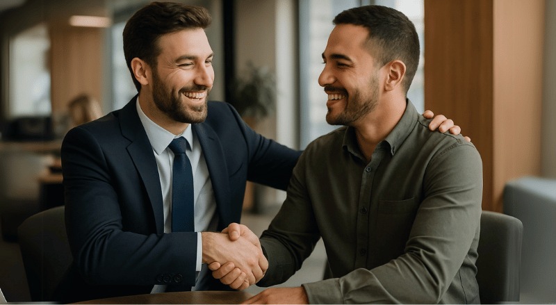 Um funcionário de banco cumprimenta calorosamente um cliente com um aperto de mão e um sorriso, em um ambiente moderno e iluminado, transmitindo uma sensação de conquista e satisfação após a aquisição de um consórcio.