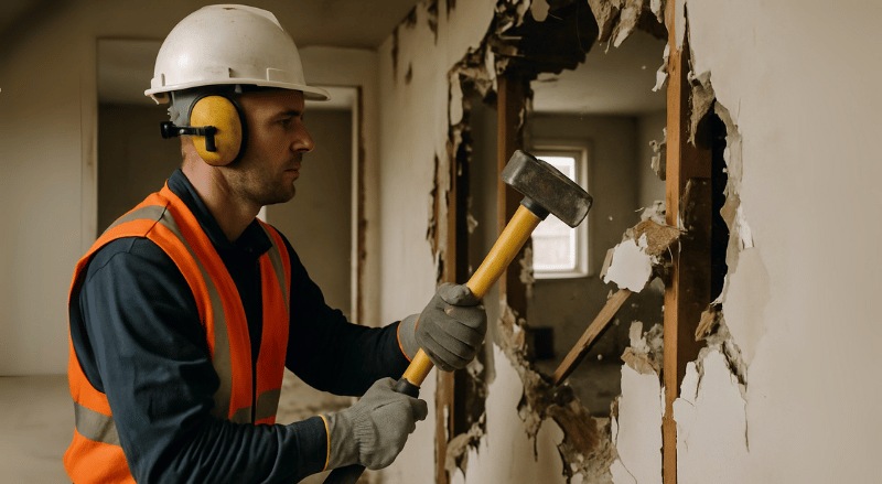 Técnico de demolição utilizando marreta para derrubar parede interna de uma casa, com vestimenta de segurança e expressão concentrada.