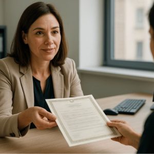 Uma funcionária do cartório entrega uma certidão a um cliente, em um ambiente de escritório organizado e iluminado naturalmente