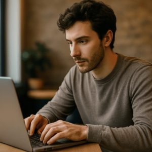 Um homem jovem, de expressão concentrada, digita em seu laptop enquanto trabalha em um ambiente interno iluminado por luz natural suave, transmitindo foco e dedicação