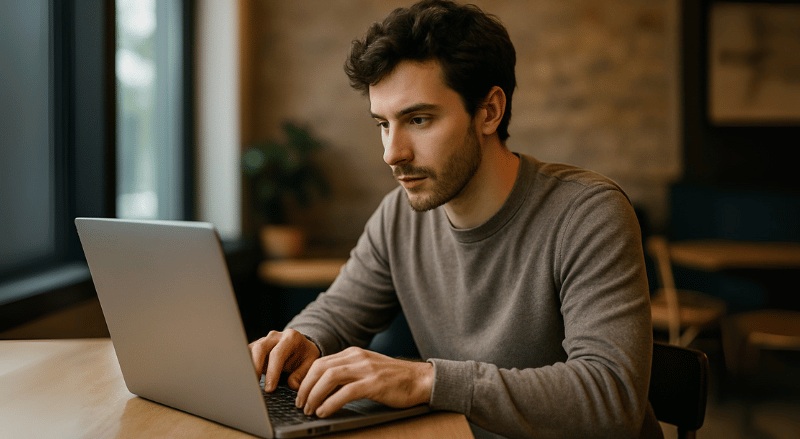 Um homem jovem, de expressão concentrada, digita em seu laptop enquanto trabalha em um ambiente interno iluminado por luz natural suave, transmitindo foco e dedicação