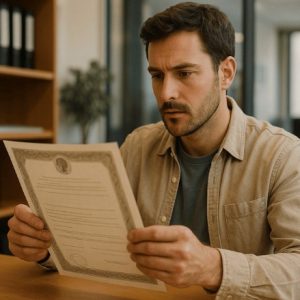 Pessoa sentada em um cartório, analisando atentamente uma certidão em mãos, com expressão séria e concentrada