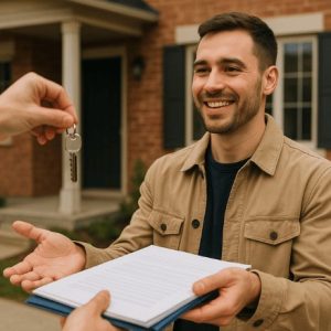 uma pessoa sorridente recebendo a chave de sua nova casa enquanto segura documentos, com a residência ao fundo em ambiente realista e iluminado naturalmente