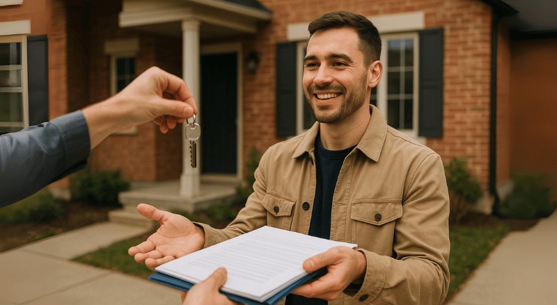 uma pessoa sorridente recebendo a chave de sua nova casa enquanto segura documentos, com a residência ao fundo em ambiente realista e iluminado naturalmente