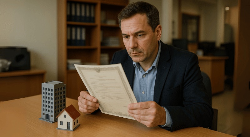 Um funcionário de cartório observa atentamente uma certidão em sua mesa, onde há miniaturas de um prédio e de uma casa