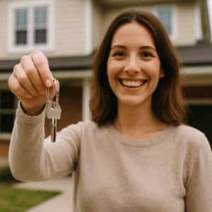 Pessoa sorridente mostrando a chave de sua casa, com a residência ao fundo em um ambiente externo iluminado naturalmente, transmitindo alegria e conquista