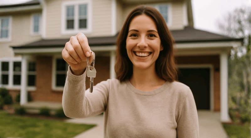 Pessoa sorridente mostrando a chave de sua casa, com a residência ao fundo em um ambiente externo iluminado naturalmente, transmitindo alegria e conquista