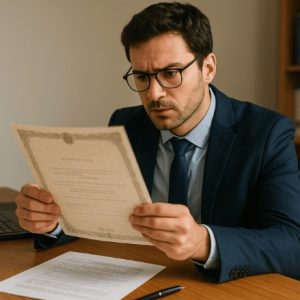 Um funcionário sentado em sua mesa analisa atentamente uma certidão, em um ambiente de escritório iluminado por luz natural, transmitindo seriedade e atenção aos detalhes