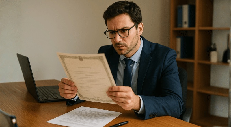 Um funcionário sentado em sua mesa analisa atentamente uma certidão, em um ambiente de escritório iluminado por luz natural, transmitindo seriedade e atenção aos detalhes
