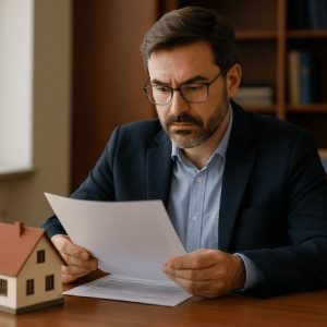 Um funcionário de cartório está sentado em uma mesa, analisando um documento com atenção, enquanto à sua frente há uma maquete de uma casa, transmitindo um clima institucional e sério
