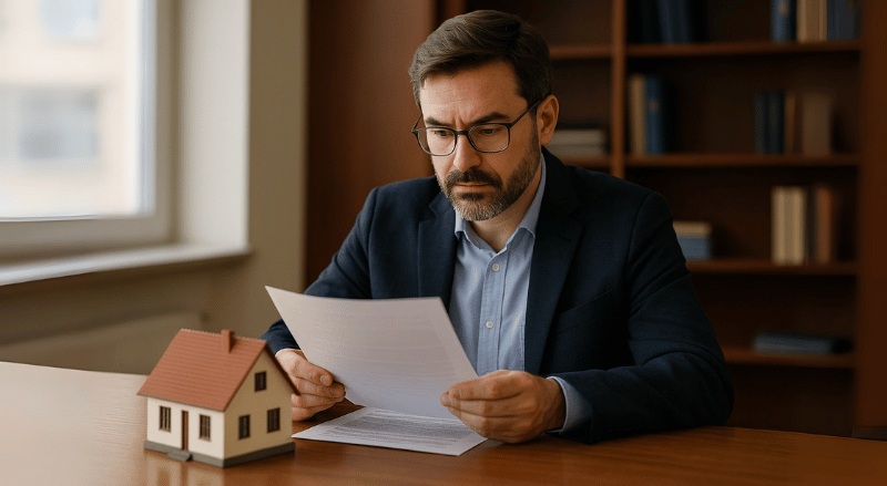Um funcionário de cartório está sentado em uma mesa, analisando um documento com atenção, enquanto à sua frente há uma maquete de uma casa, transmitindo um clima institucional e sério