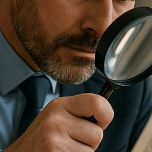 Um funcionário de cartório em ambiente interno, visto em plano médio, segurando uma lupa enquanto examina atentamente uma certidão, com iluminação suave e expressão de foco, transmitindo seriedade e precisão no trabalho