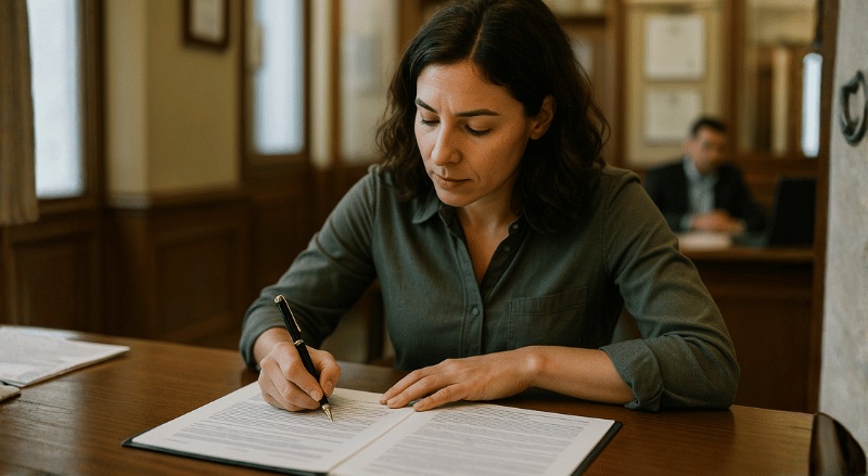 O ChatGPT disse: Uma pessoa assinando um documento em um cartório, sentada à mesa, com iluminação suave e ambiente institucional ao fundo, transmitindo seriedade e atenção ao processo