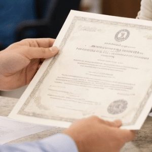 Pessoa em atendimento em um cartório recebe uma certidão diretamente do funcionário no balcão
