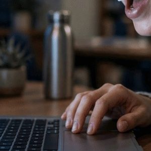 pessoa curiosa e empolgada descobrindo algo no notebook à noite, com a tela iluminando bem o rosto